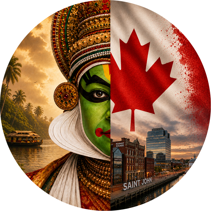 Split composition: a Kathakali dancer with Kerala backwaters on one side and the Canadian flag over the Saint John cityscape on the other, representing the association's dual identity